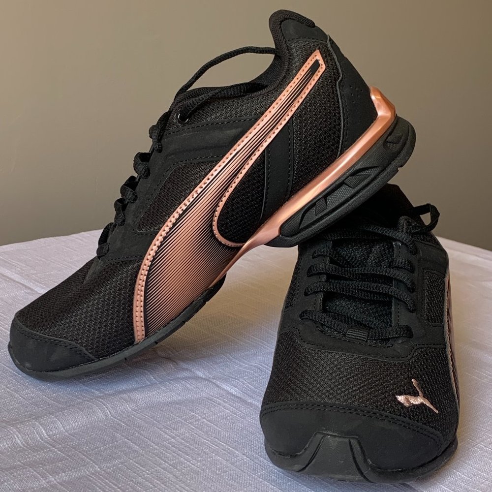 NWOT PUMA Women's Tazon 6 Sneakers, Black and Rose Gold Tennis Shoes, size 7